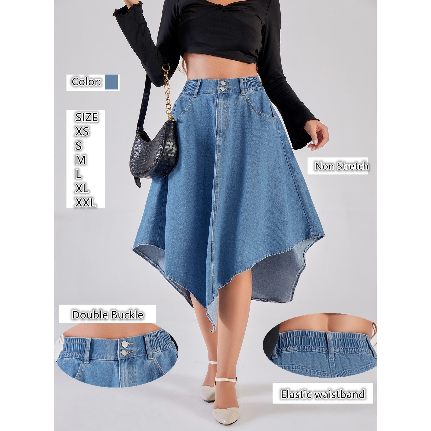 Womens Solid-Color Irregular Denim Skirt High-Waisted Denim Skirt