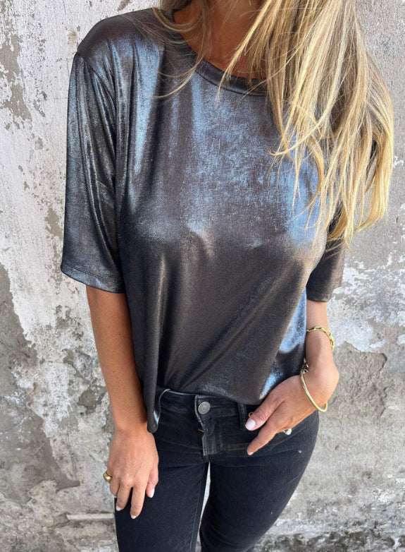 Loose Fit Round Neck Solid Color Short Sleeve