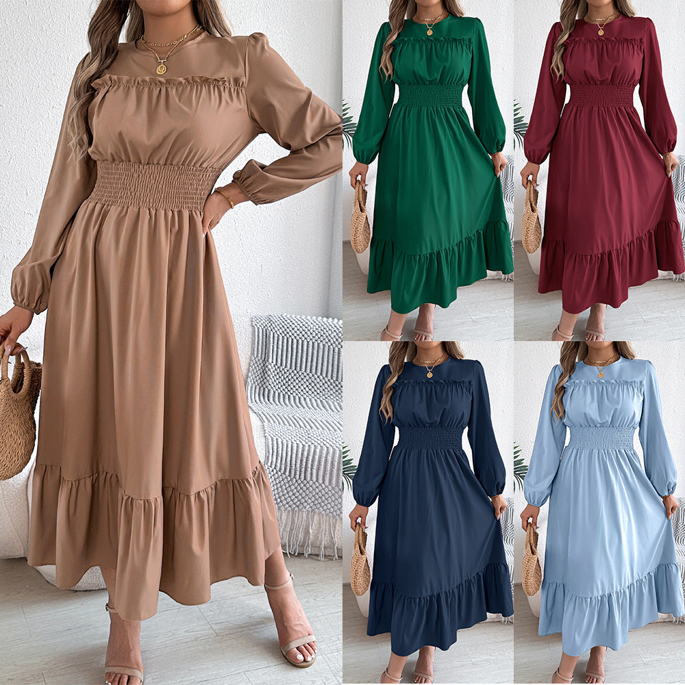 Women's Solid Color Stringy Selvedge Cinched Pleated Long Dress