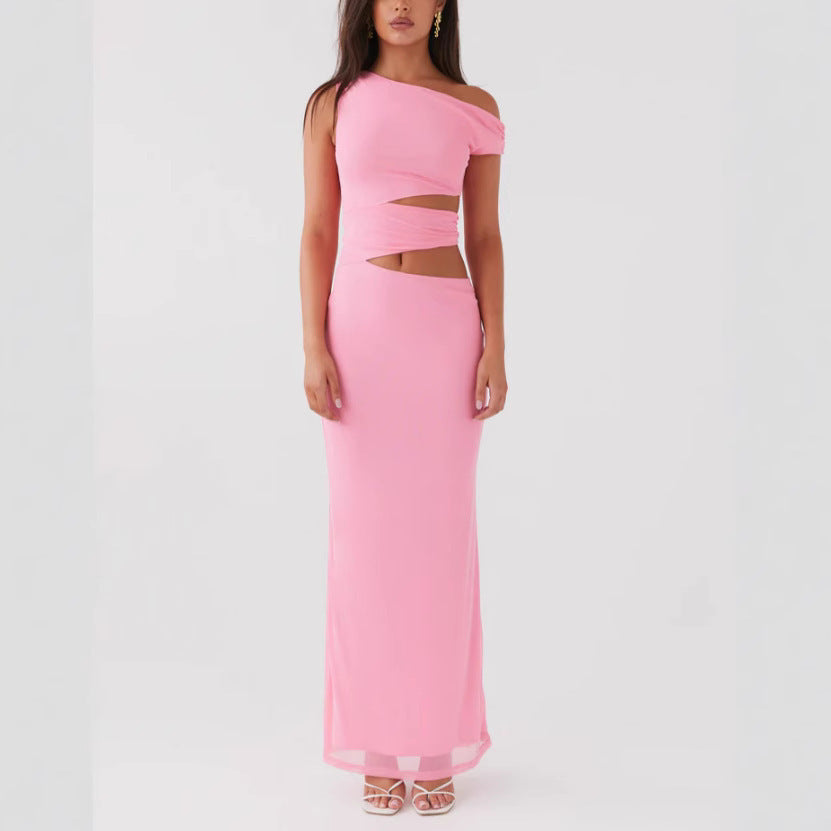 Solid Color Sloping Shoulder Dress Women's Summer Hollow-out Midriff Sheath Dress