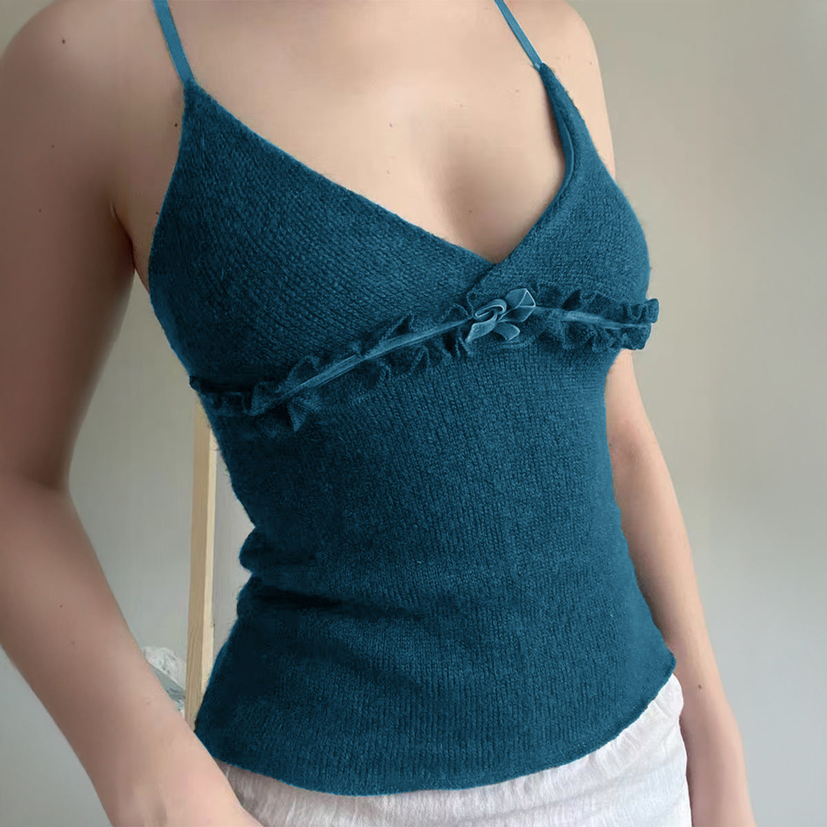 Y2g Top Women's Solid Color Slim Flower Knitted Sling Women