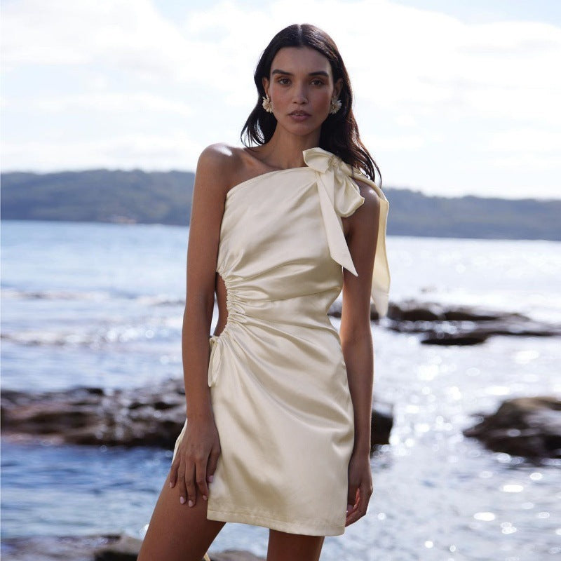 French Style Crossbody Bow Waist Slit Temperament Pure Color Dress