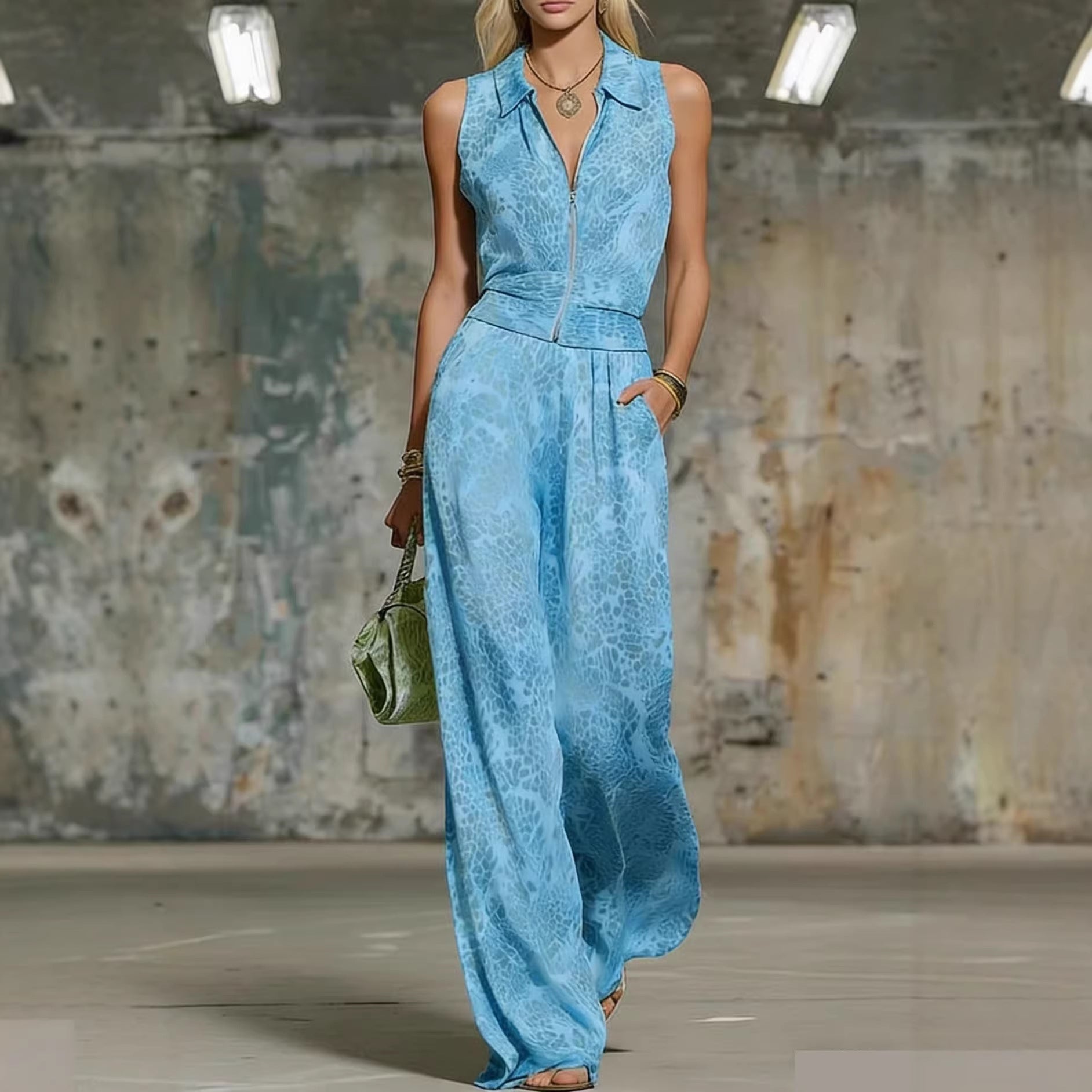 Printed Zip-up Sleeveless Jumpsuit