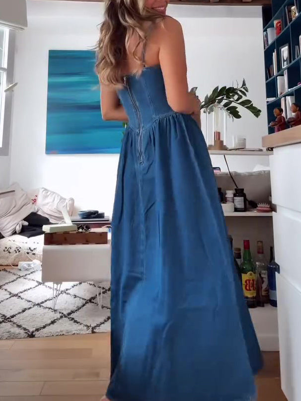 Denim Suspenders Maxi Dress