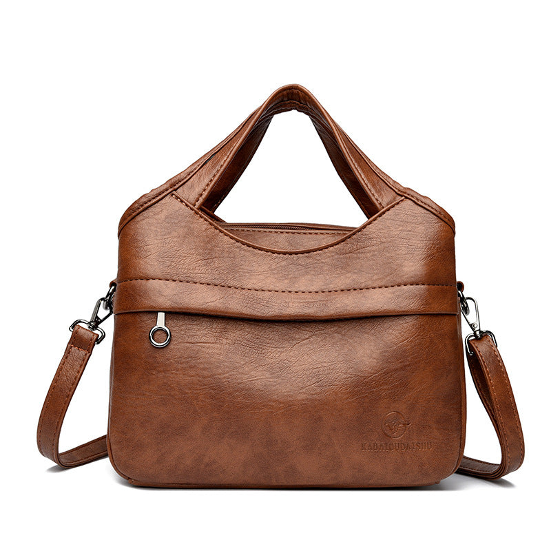 Retro-style Fashionable Patchwork-print Soft Leather Multi-compartment Tote Bag For Women