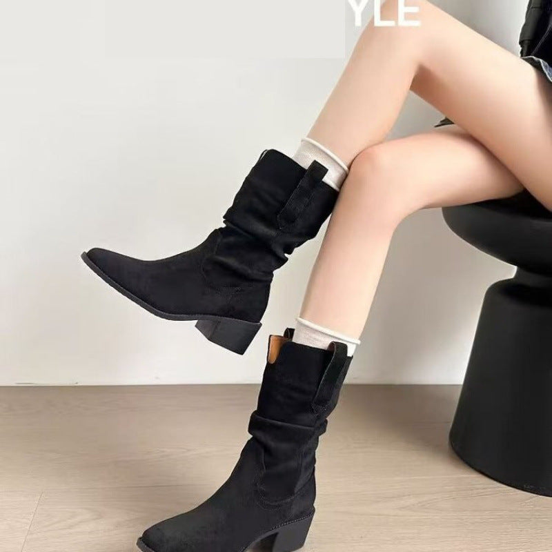 Autumn Western Pleated Short Single Women's Pile Style Boots