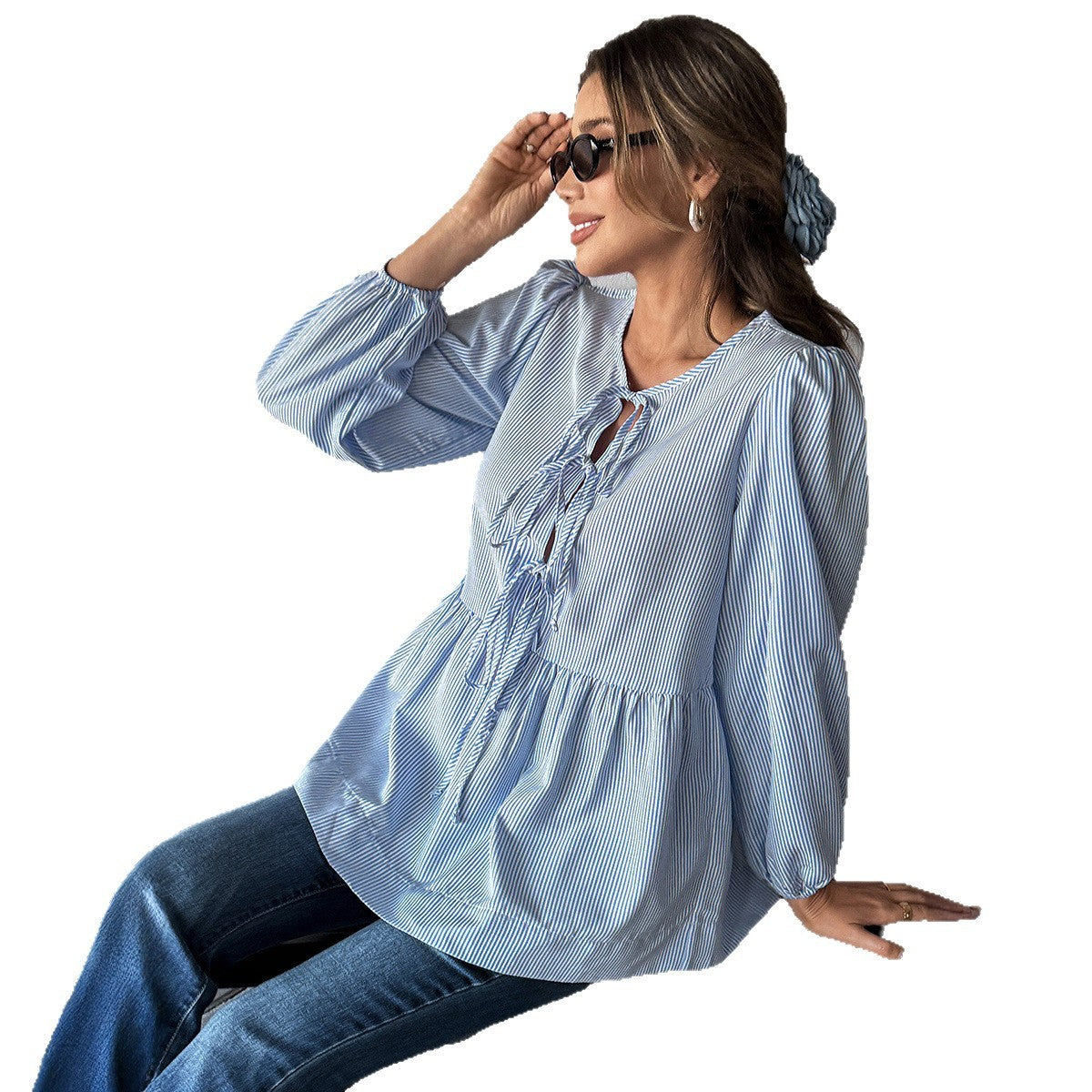 Elegant Striped Long Sleeve Tied T-shirt Shirt Women's Clothing