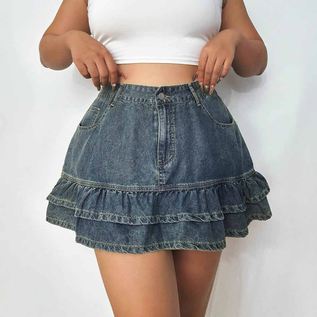 Womens Flounced A-Line High-Waist Denim Skirt
