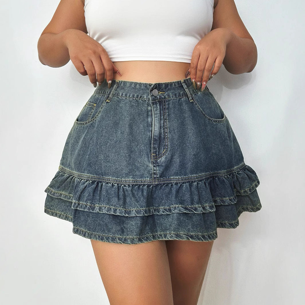 Womens Flounced A-Line High-Waist Denim Skirt