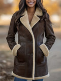 Womens New Mid-Length Fleece-Lined Retro Plush Lapel Pocket Double-Breasted Leather Coat