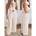 Resort-style Wide-leg Pants With A Crossover V-neck And Metal Buckle Waist