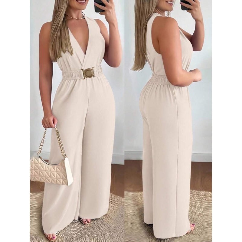 Resort-style Wide-leg Pants With A Crossover V-neck And Metal Buckle Waist