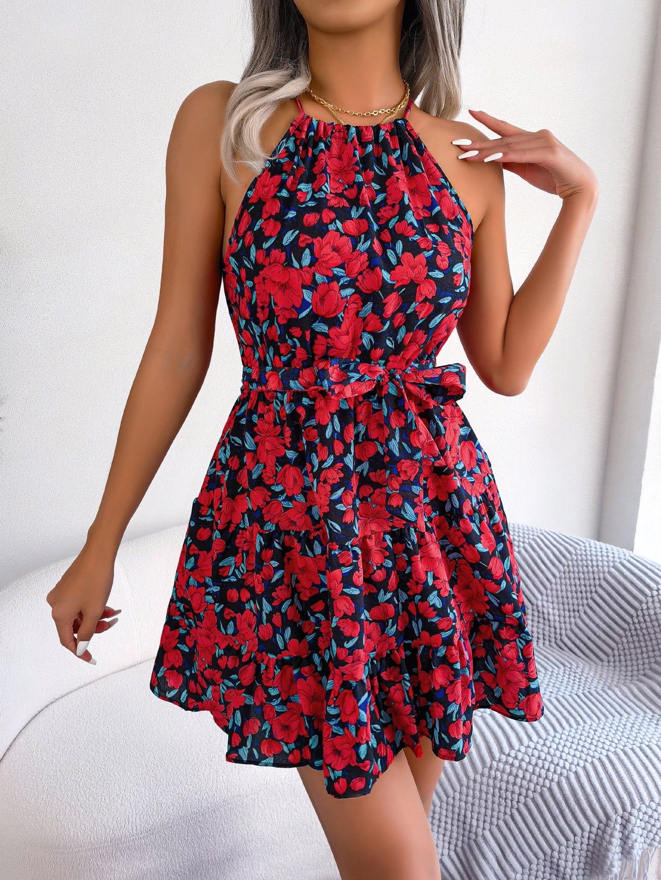 Casual Ruffle Hem Flowy Floral Print Vacation Dress