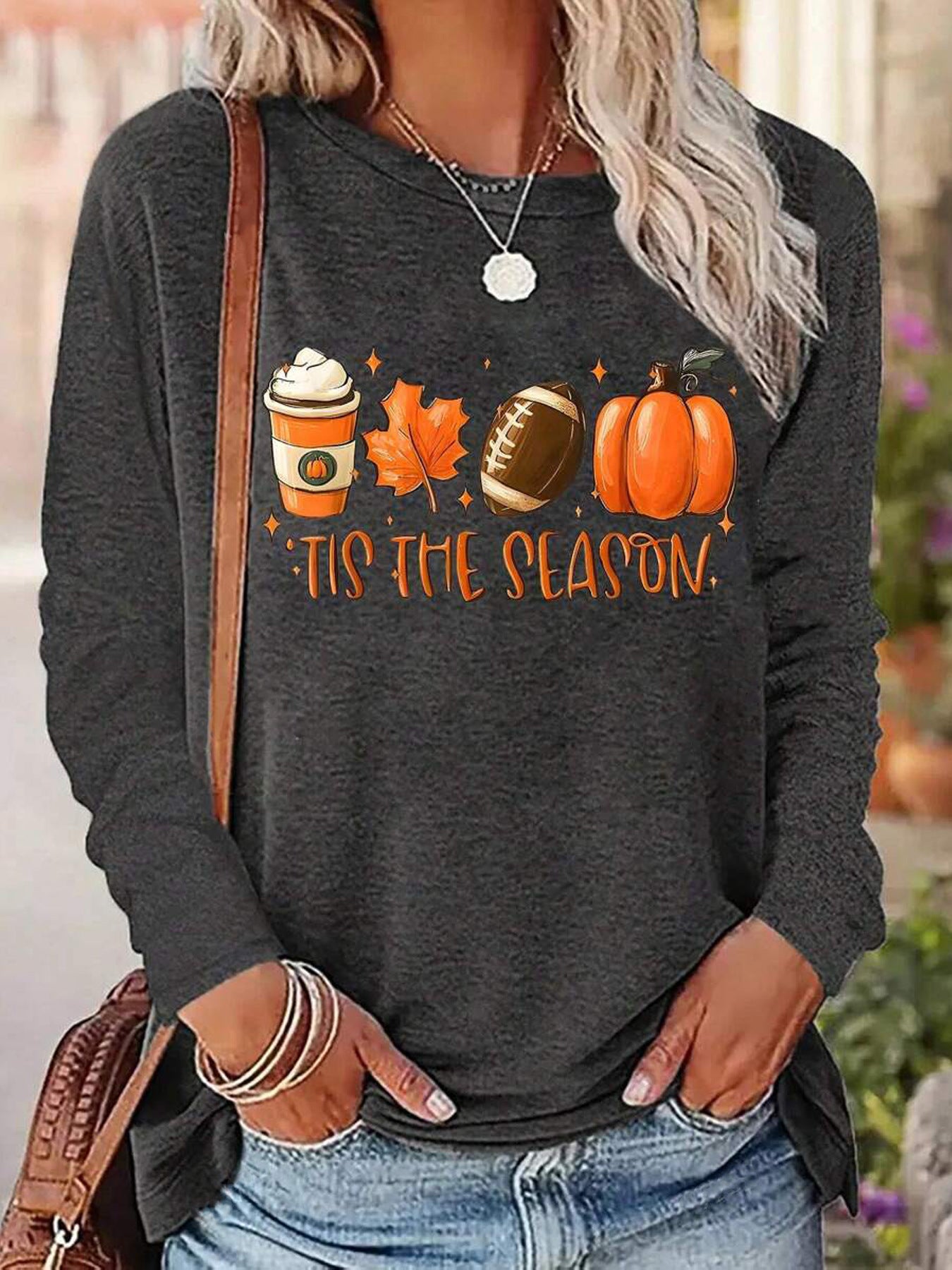 Positioning Printed Pattern Women's Long Sleeved Versatile Round Neck