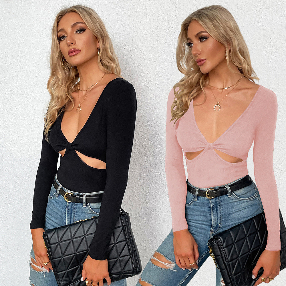 Women's Sexy V-neck Hollow-out Slim-fit Knit Long Sleeve T-shirt