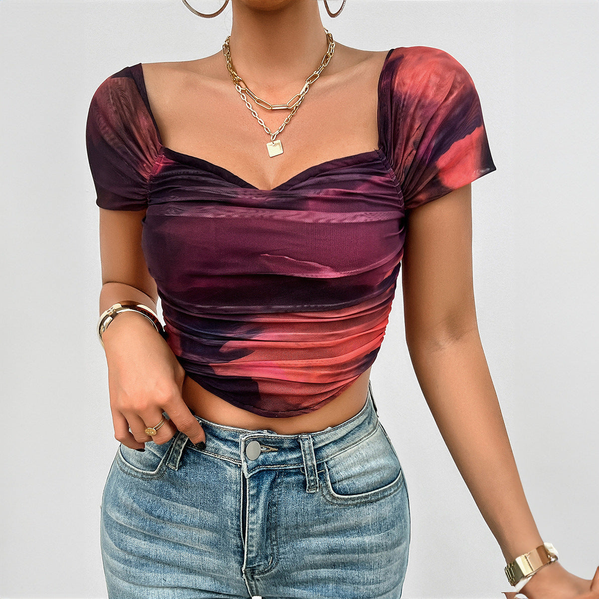 Slim Fit Short Print Fishbone Short Sleeve Top Women's Clothing