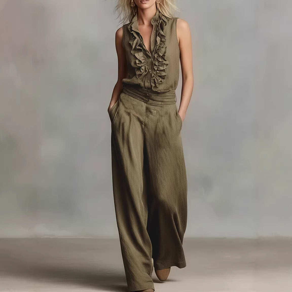 Linen-blend Sleeveless Shirt And Wide-leg Pants Set