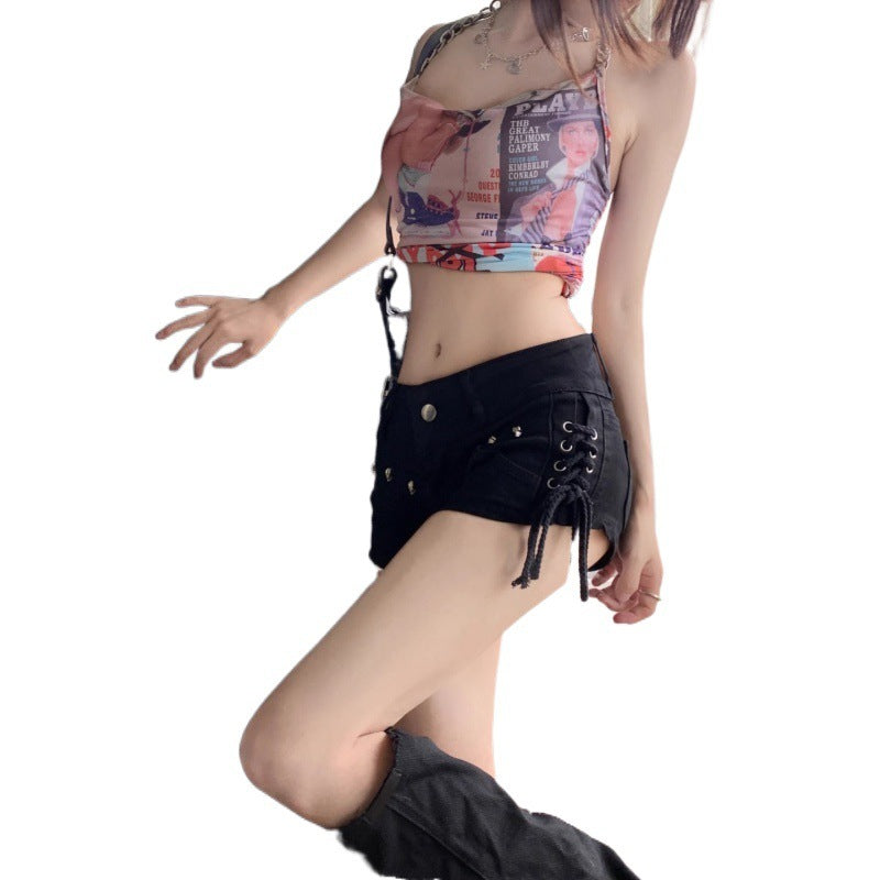 High Quality American Retro Tight Black Denim Shorts