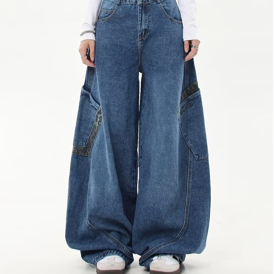 American Vintage Leopard Print Patchwork Large Pocket Cargo Jeans