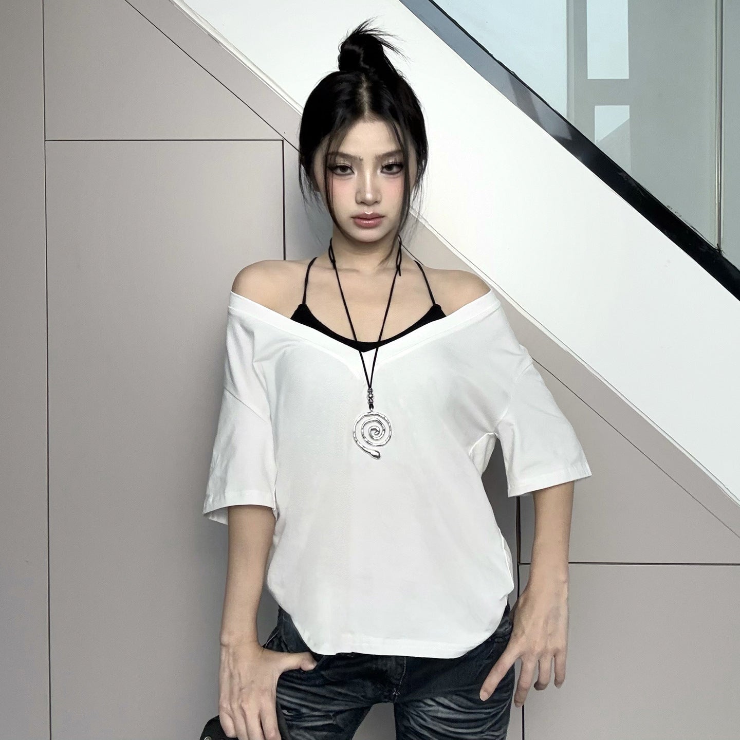 Women's Deep V-neck Short Sleeve Top Pullover Loose T-shirt