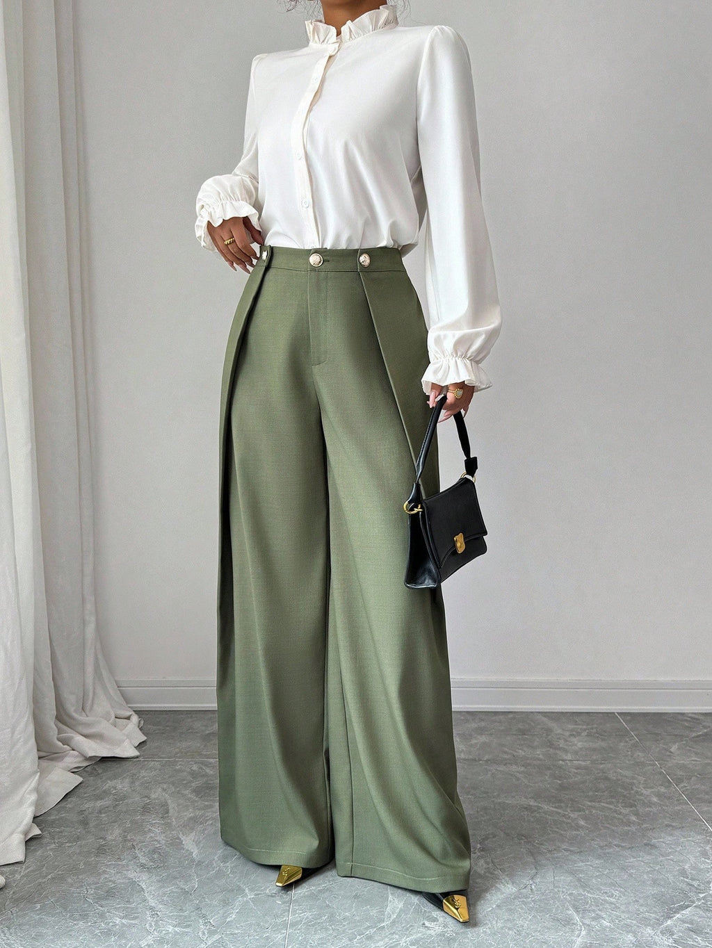 Elegant Pleated-texture Casual Pants With Buttons