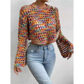 Iridescent Crew-neck Hollow-out Loose Cropped Top