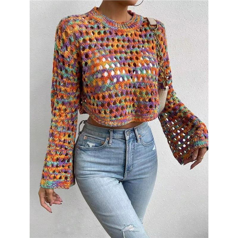 Iridescent Crew-neck Hollow-out Loose Cropped Top