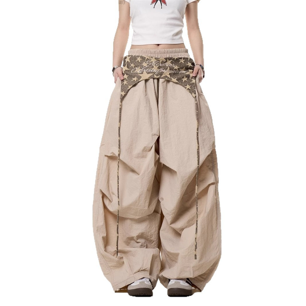 Relaxed Casual American-style Layered Design Cargo Pants With Tie Details