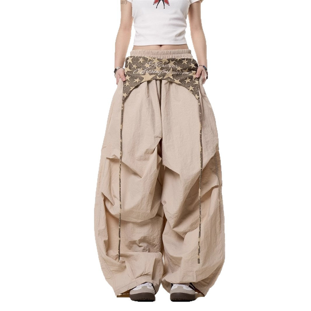 Relaxed Casual American-style Layered Design Cargo Pants With Tie Details