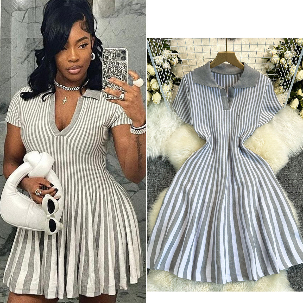 Contrast Color Retro Lapel Short Sleeve Striped Knitted Dress