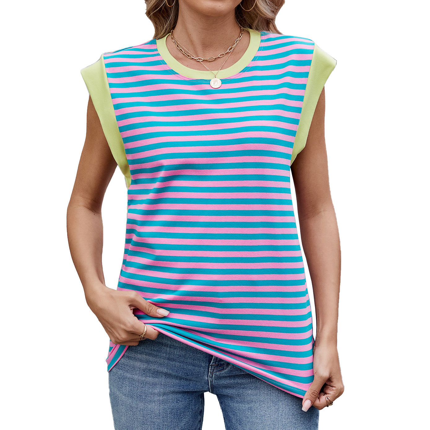 Striped Contrast Color Round Neck Loose Short Sleeves