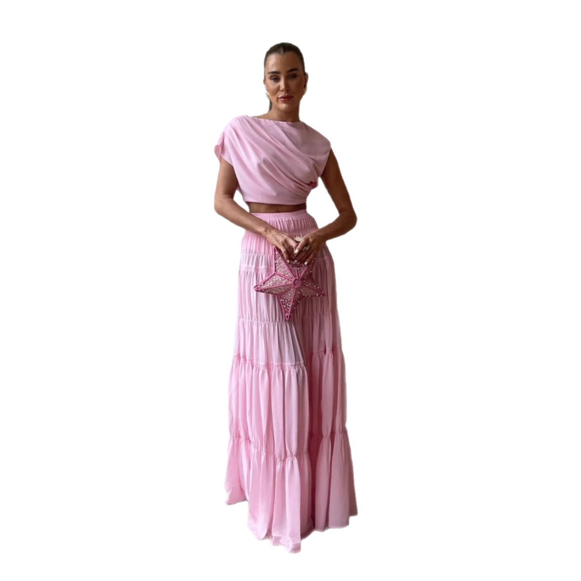 Round Neck Pleated Jacket  Patchwork Skirt Two-piece Suit
