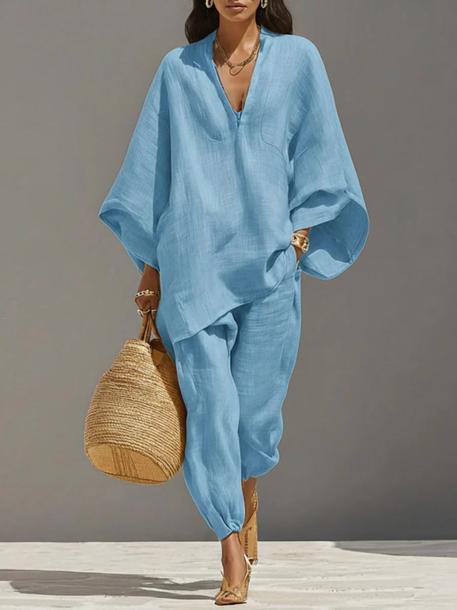 Casual Relaxed Loose-Fitting Solid-Color Shirt Set