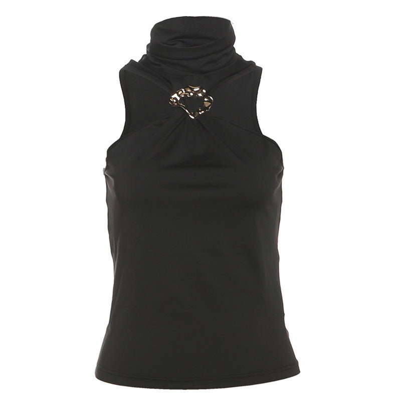 Women's Metal Decorative Turtleneck Slim Vest