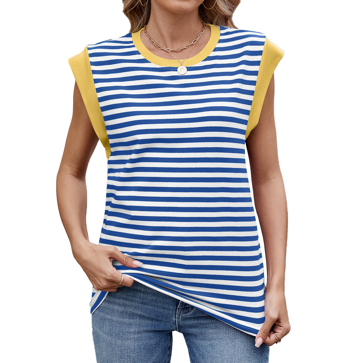 Striped Contrast Color Round Neck Loose Short Sleeves