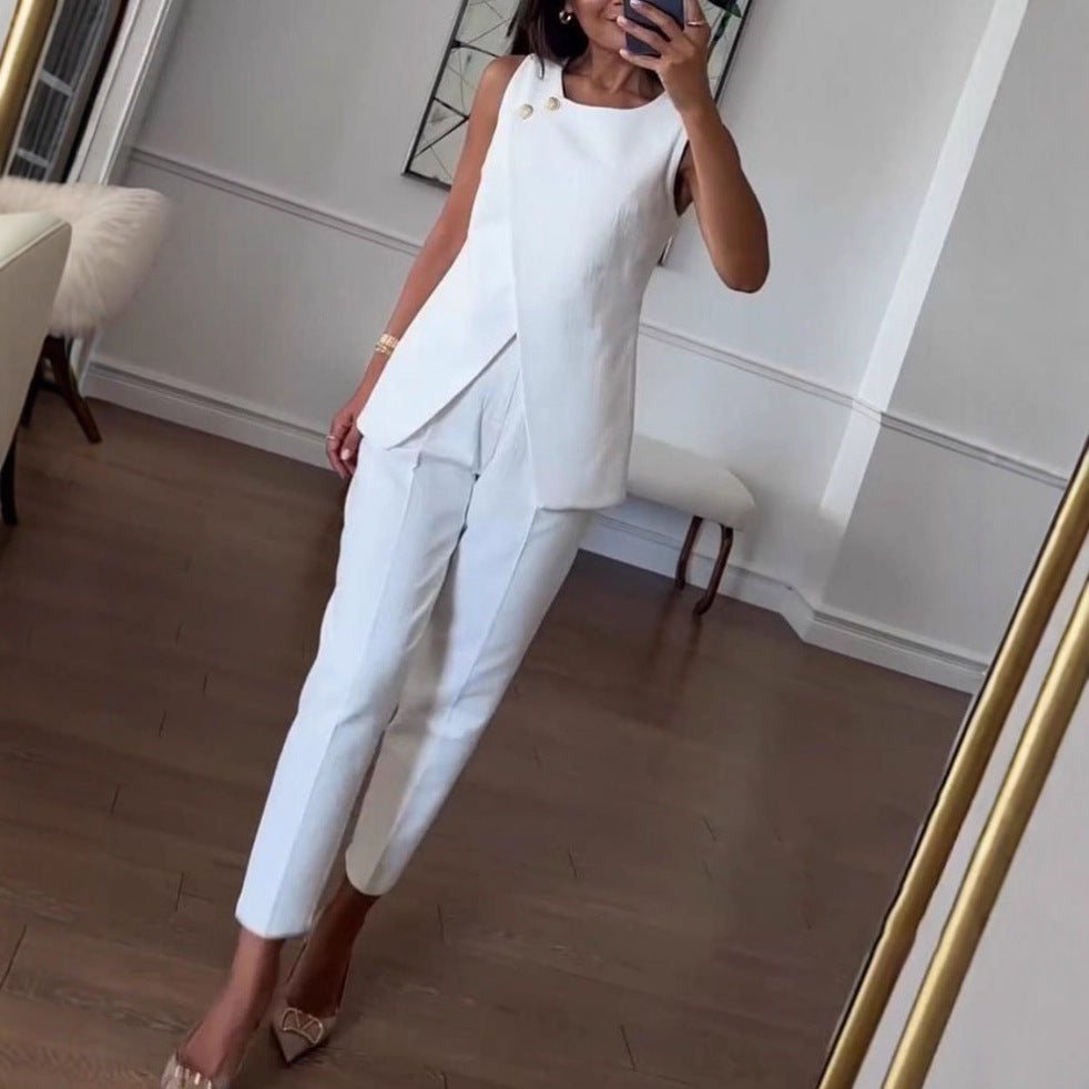 Solid Color Versatile Casual Sleeveless Suit Set