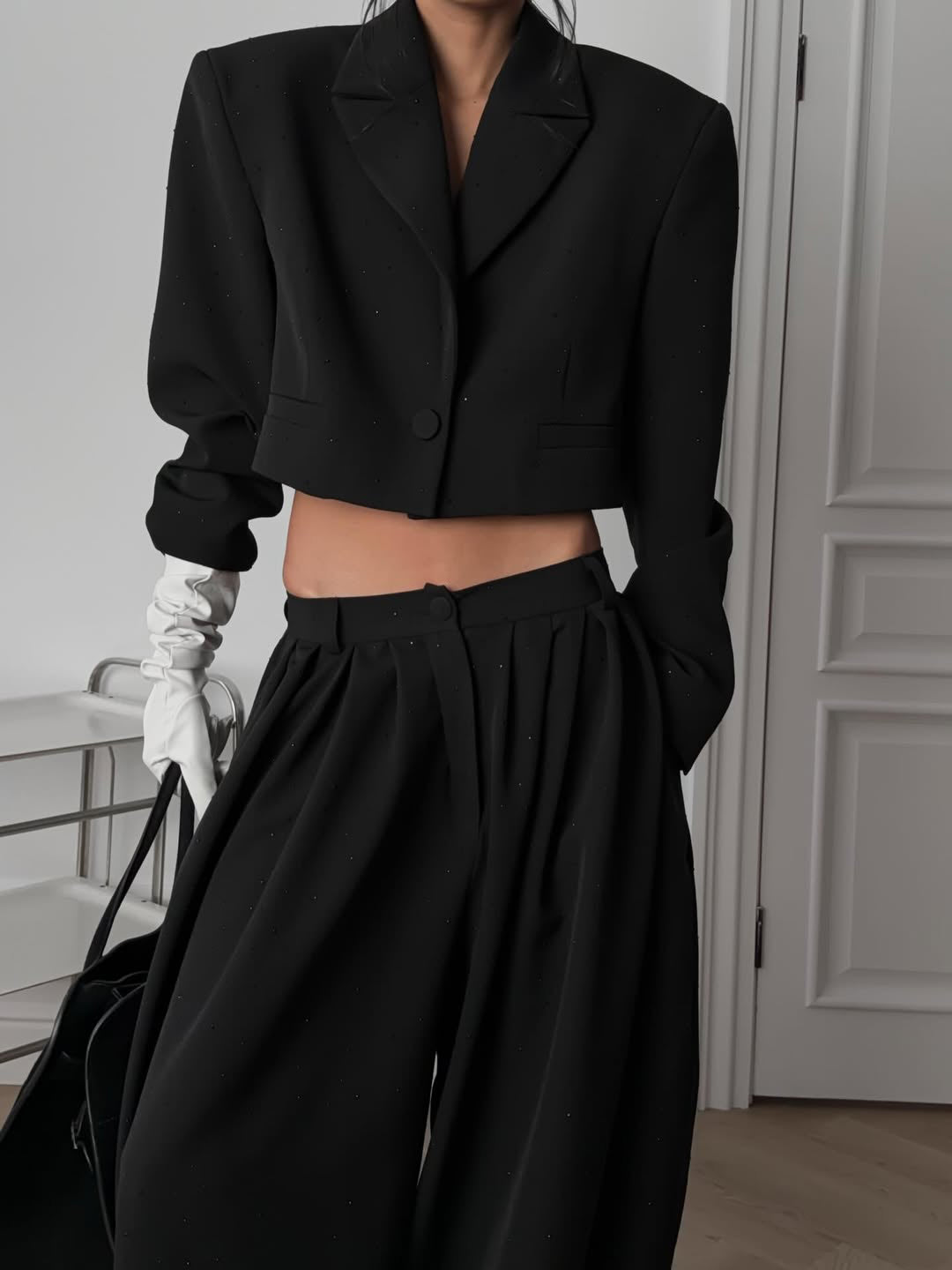 Black Rhinestone Embellished Cropped Blazer & Wide Leg Pants 2-Piece Set