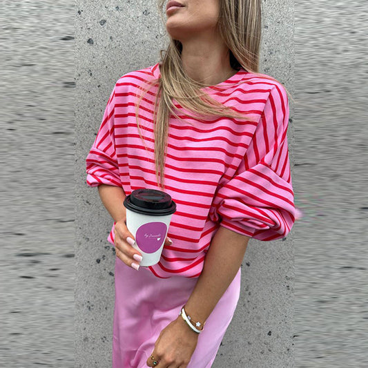 Women's Striped Loose All-match Round Neck Pullover Sweater