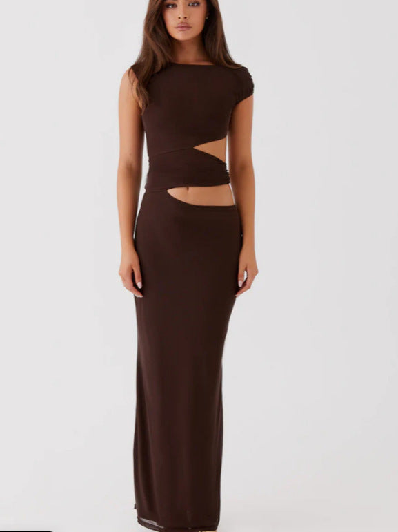 Solid Color Sloping Shoulder Dress Women's Summer Hollow-out Midriff Sheath Dress