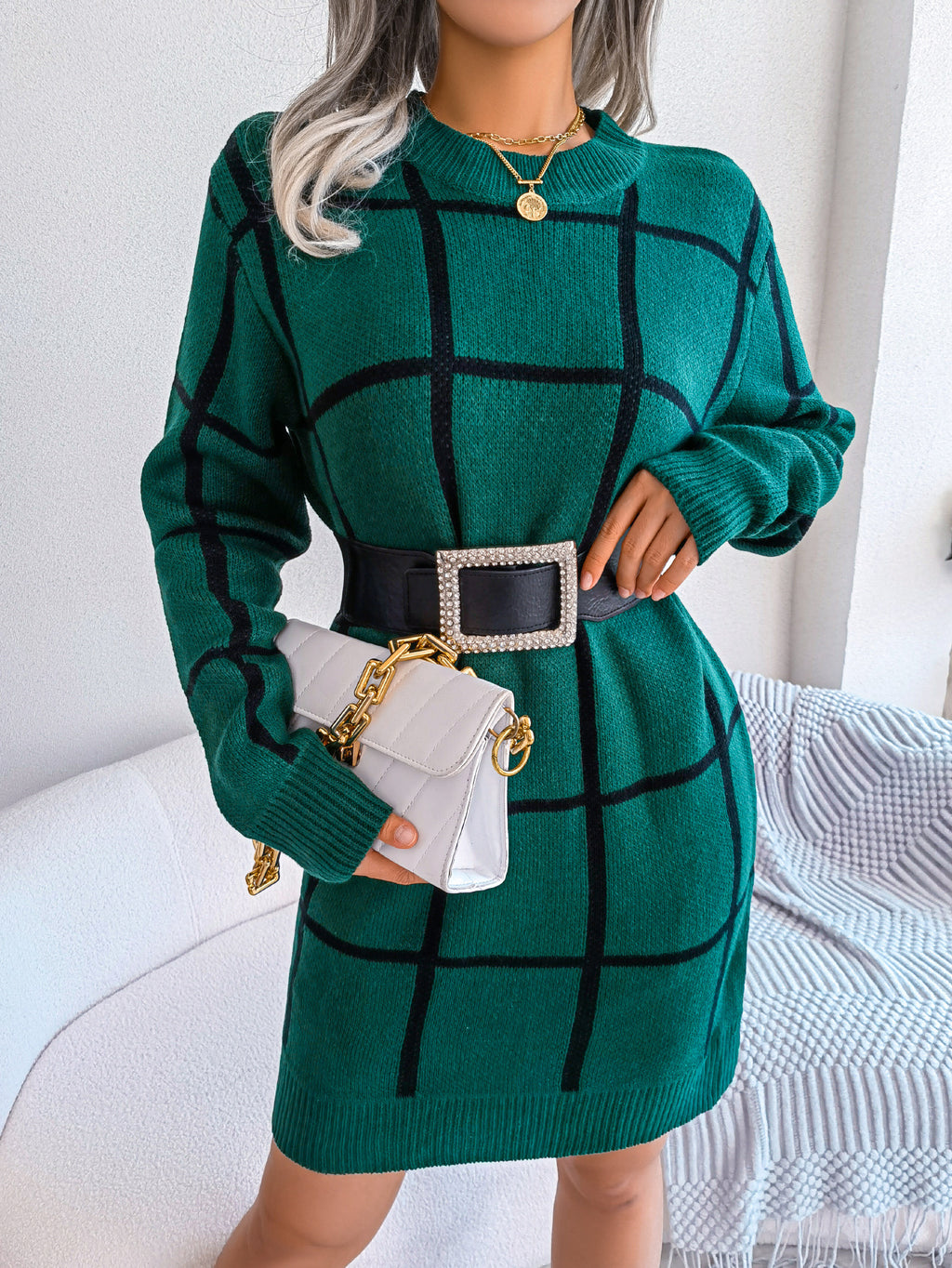 Casual Color Block Plaid Long Sleeve Sweater Dress