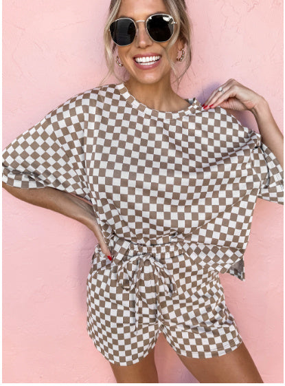 Brown Checkered Top And Short Casual 2pcs Set
