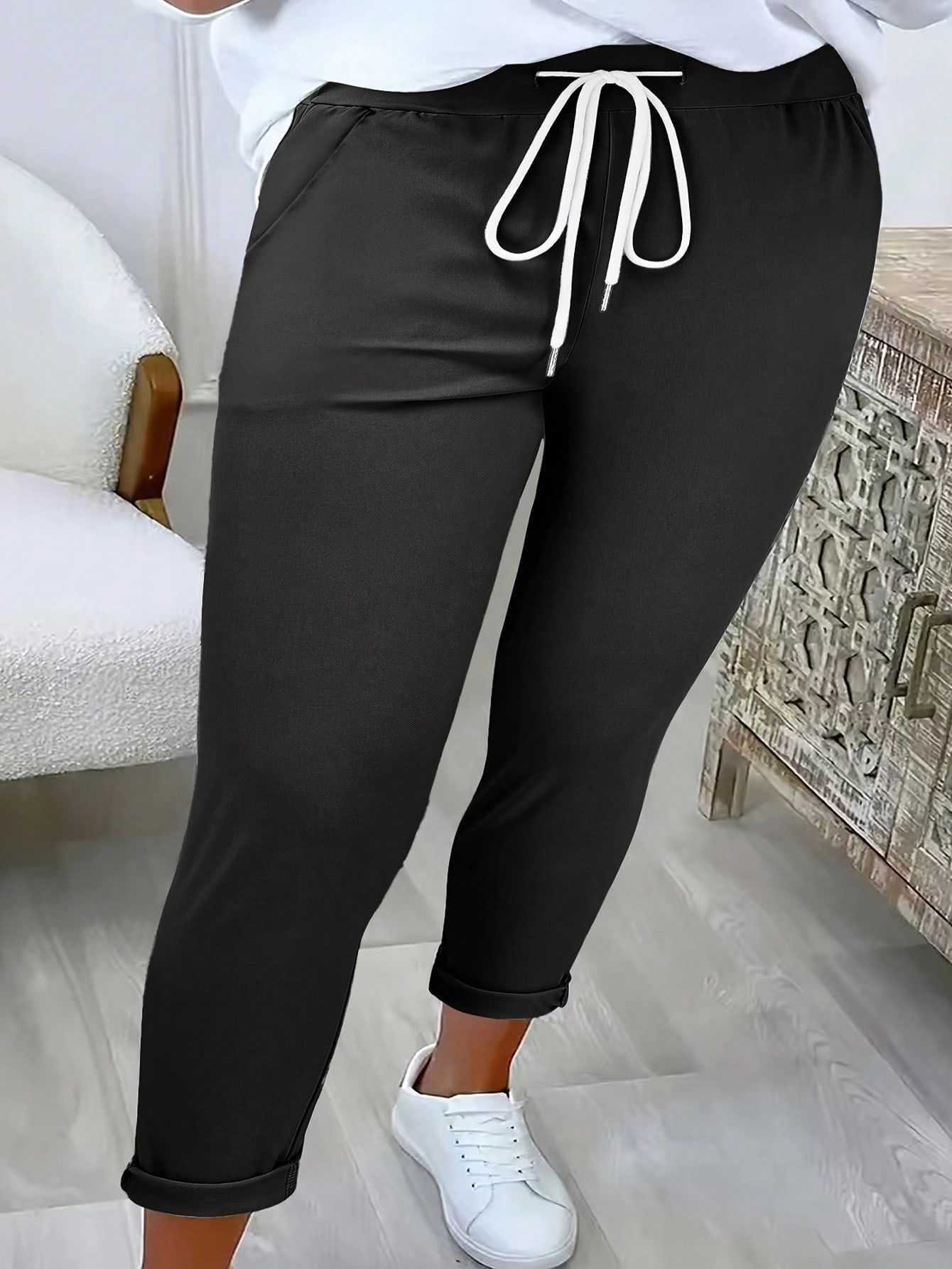 Women's Fashion Belt Lace Up Casual Trousers