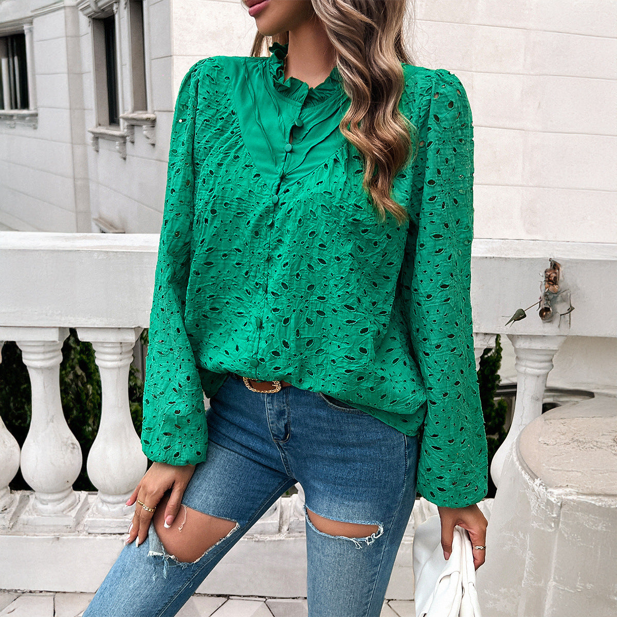 Temperament Leisure Ripped Polo Puff Sleeve Cardigan Button Long Sleeve Top