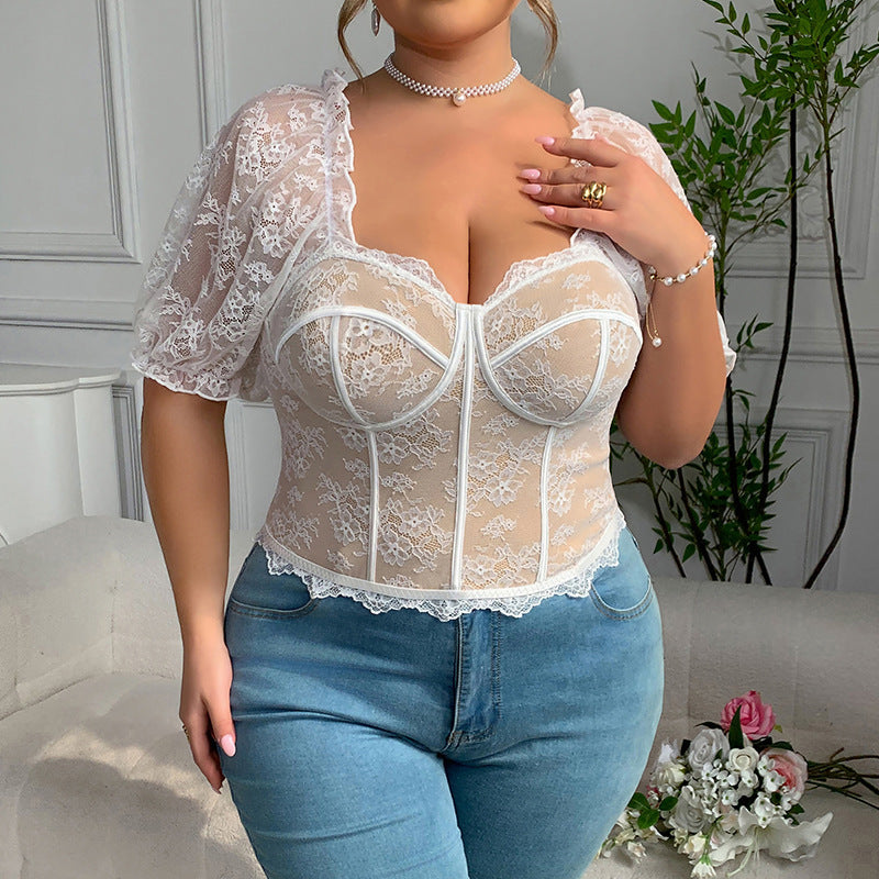 Sexy Hot Girl Lace See-through Puff Sleeve Lace New Fishbone Top