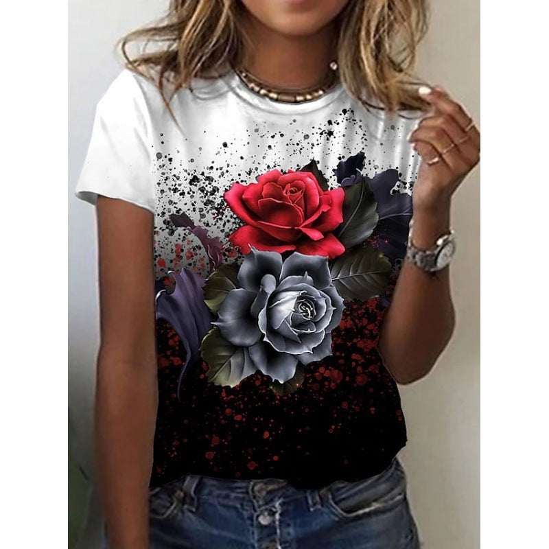 Artificial Cotton 3D Sunflower Print Round Neck T-shirt