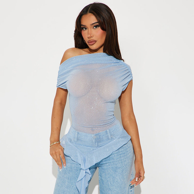 Women's Mesh Shoulder Short-sleeved Flounced Ribbon Top