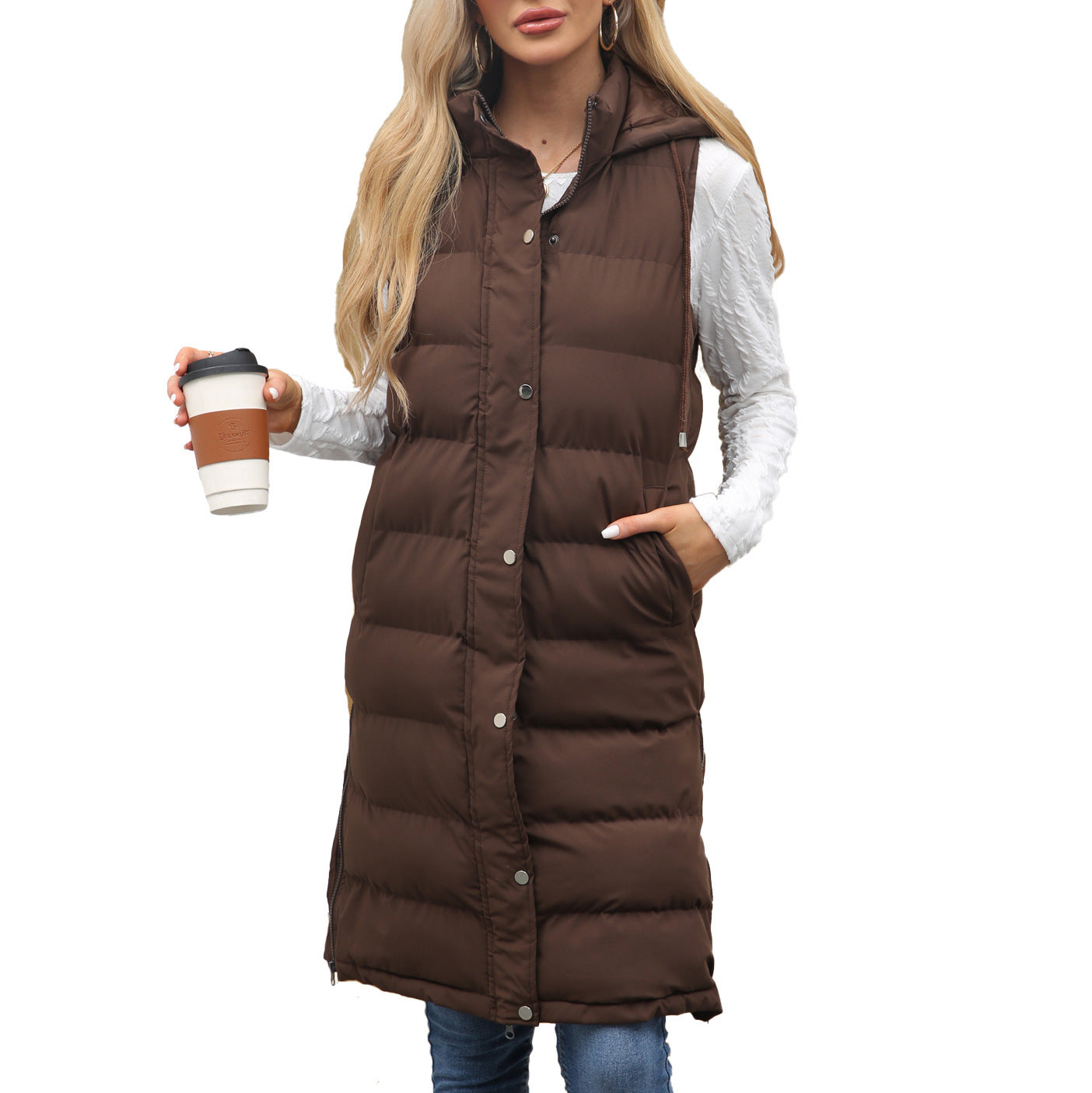 Ladies Hooded Sleeveless Zipper Cotton Padded Thickened