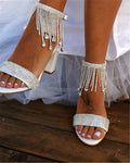 Womens Rhinestone-embellished Chain Strap Chunky Heel Sandals