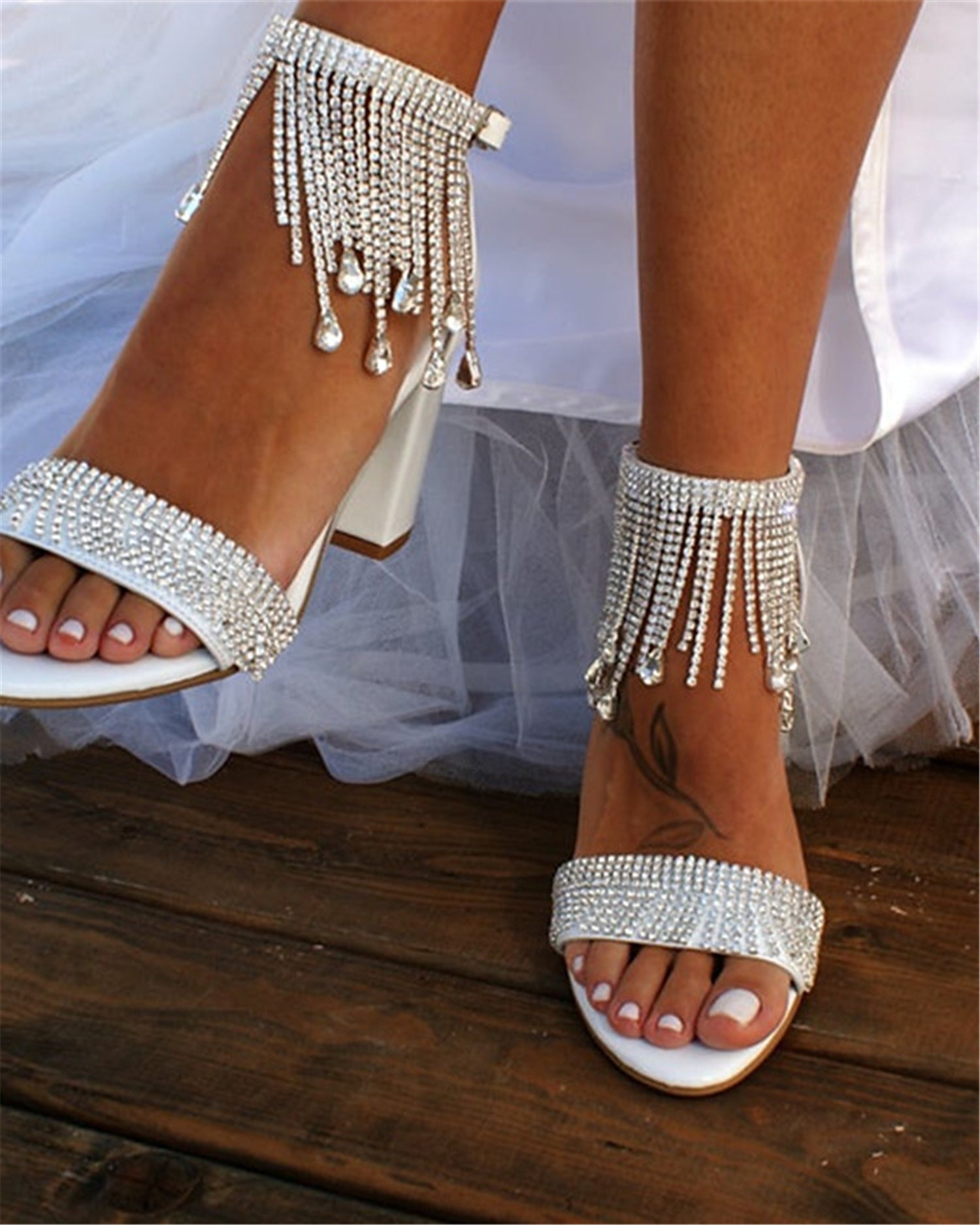 Womens Rhinestone-embellished Chain Strap Chunky Heel Sandals