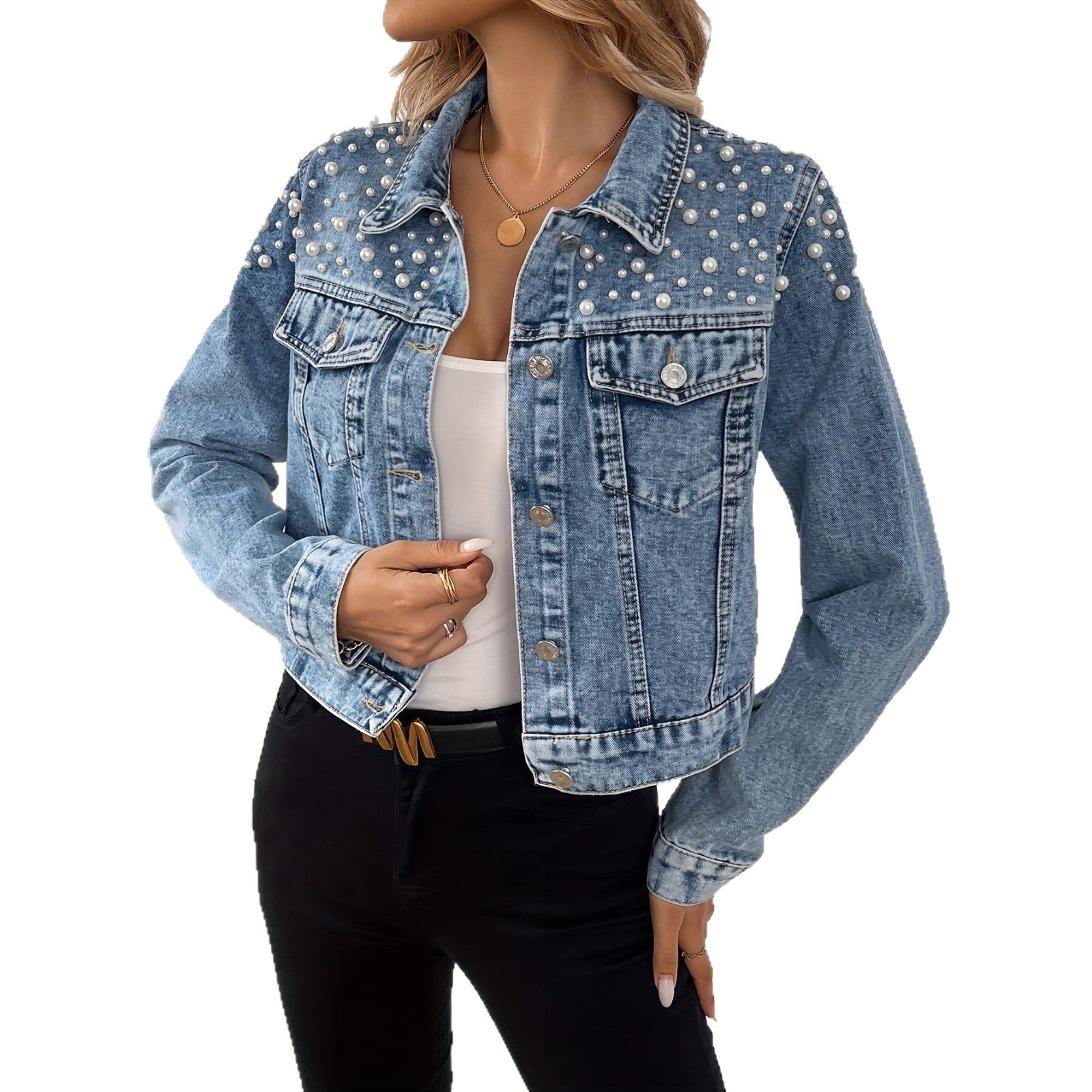 Womens Casual Short Pearl Denim Jacket